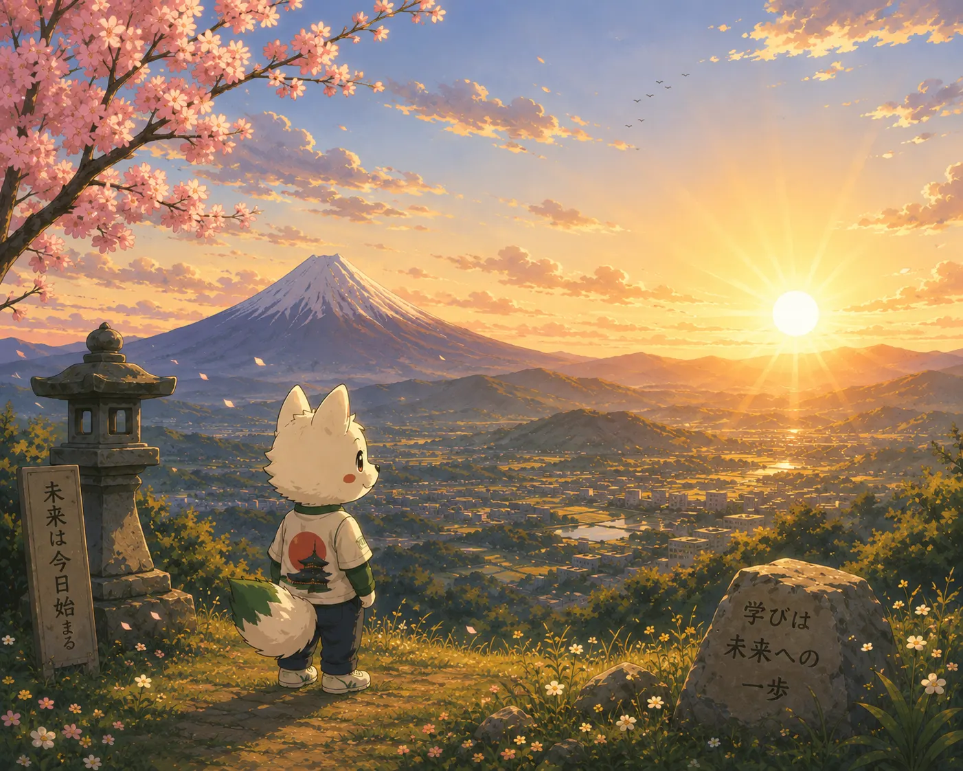 The PCT kitsune mascot looking out over Mt. Fuji and a sunrise valley view from a cherry-blossomed hillside, beside stone markers reading 'The future begins today' and 'Learning is a step toward the future.'