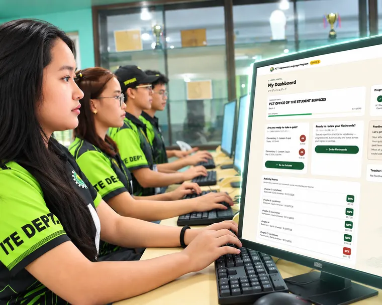 Students in green ITE Dept shirts working at computer lab desks, with a mockup of the Student Portal's My Dashboard screen — quiz scores, program progress, and flashcard access — shown on a monitor in the foreground