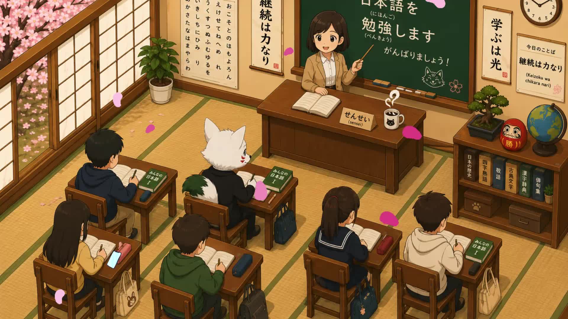 A Japanese classroom with the school's kitsune mascot and students studying, cherry blossoms falling.