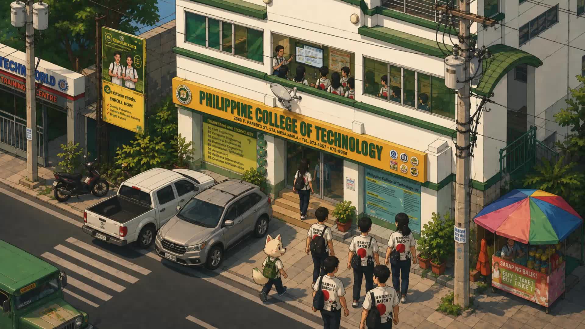 Students in 'Japanese Class Batch 7' shirts, with the school's kitsune mascot, walking toward the Philippine College of Technology building entrance on a city street.